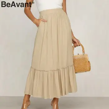 

BeAvant Spring Summer Women Long Skirt Fashion 2020 Beige High Waist Pleated Ruffles Skirts Ladies Pocket Casual Bottoms Cotton