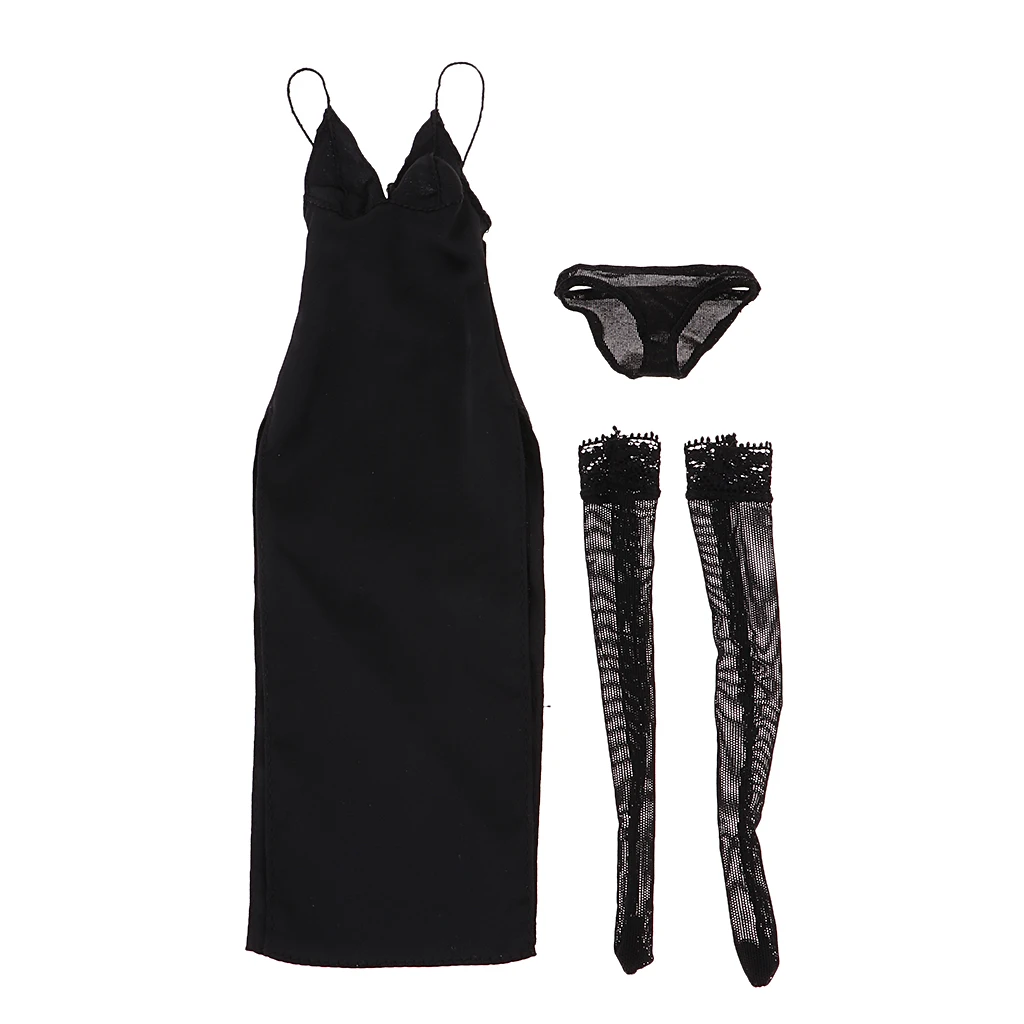 1/6 Deep V Black Long Dress Stockings set for 12'' Female Body Doll Accessories 