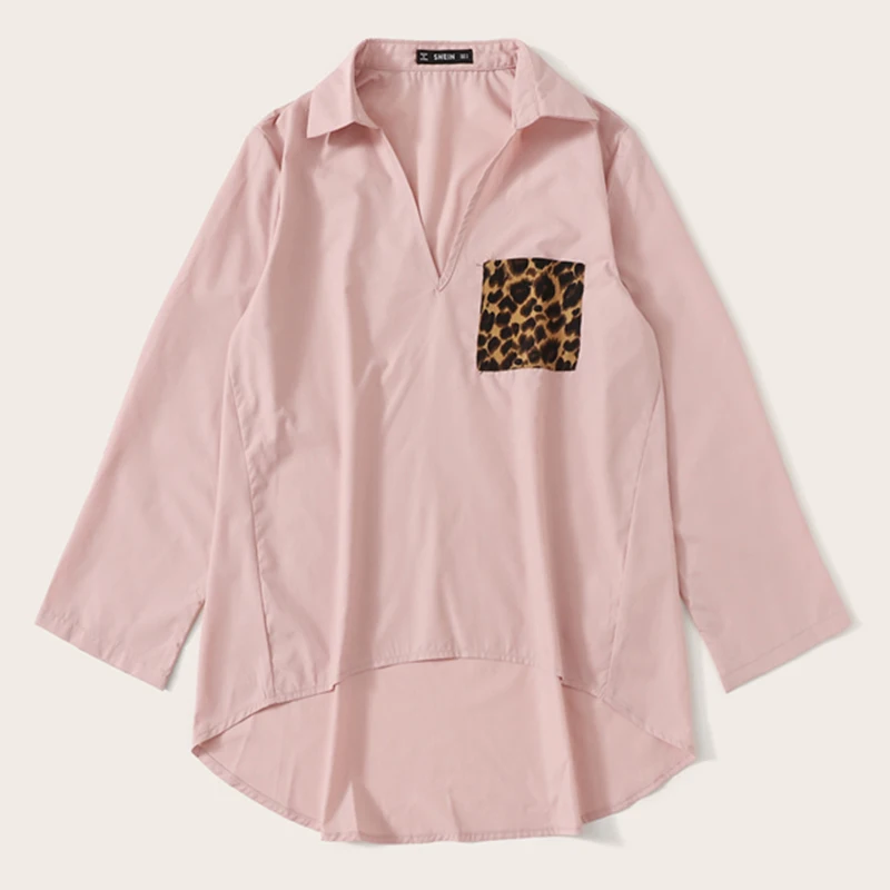 SHEIN женская блузка с леопардовым принтом и карманами, женская одежда, весна, повседневные женские топы с длинным рукавом, одноцветные свободные блузки