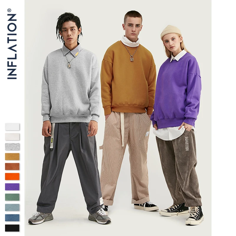  INFLATION 2019 Winter Mens Hip Hop Sweatshirts Velvet Fabrics Fleece Sweatshirts 10 Solid Color Men