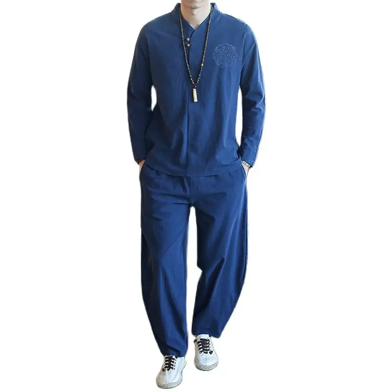 

Japan Style Men‘s Cotton and Linen Long Sleeved T-shirt+Pant Sets Men Solid Sport Suit Casual Tracksuit Male Size M-5XL
