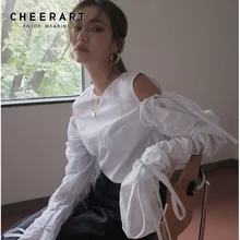 CHEERART осенний топ с открытыми плечами женская блузка с длинным рукавом и открытыми плечами блузка с расклешенными рукавами корейская модная одежда