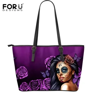 

FORUDESIGNS Women Large PU Shoulder Handbags Day Of The Dead / Dia De Los Muertos Halloween Skull Design Top-handle Ladies Bag