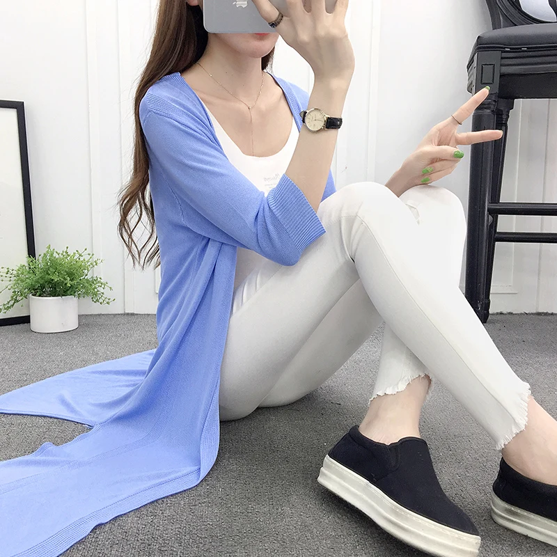 Women Casual Long Knitted Sweater Crtdigans Open Stitch 2019 Spring Summer Fashion Solid Thin Knitting Wrap Swing Jacket Coat |