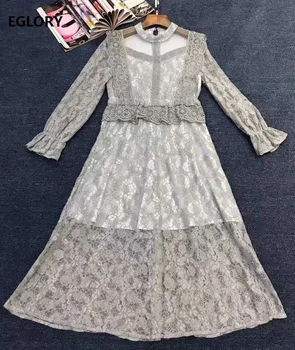 

High Quality Lace Dress 2020 Spring Style Women Stand Neck Sexy Sheer Mesh Patchwork Long Sleeve Mid-Calf Length Dress Pink Grey