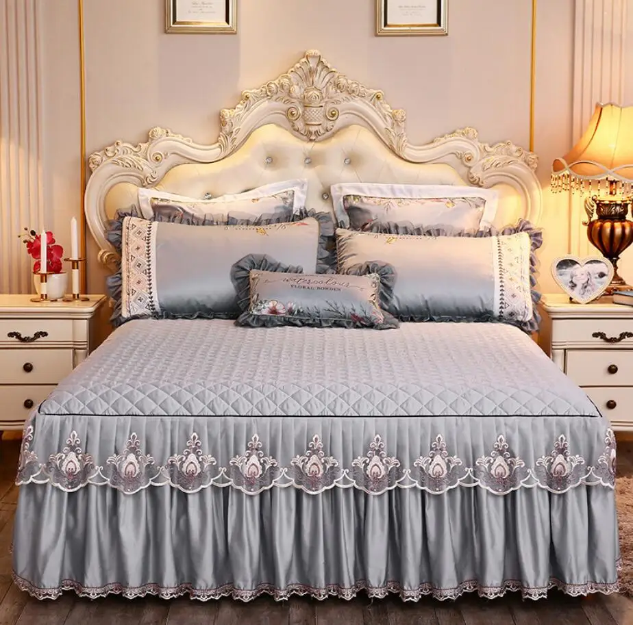 Ropa de cama acolchada de princesa, colcha de falda, Funda de colchón, funda de almohada de Color sólido, gris, rojo, rosa, sedoso, Modal