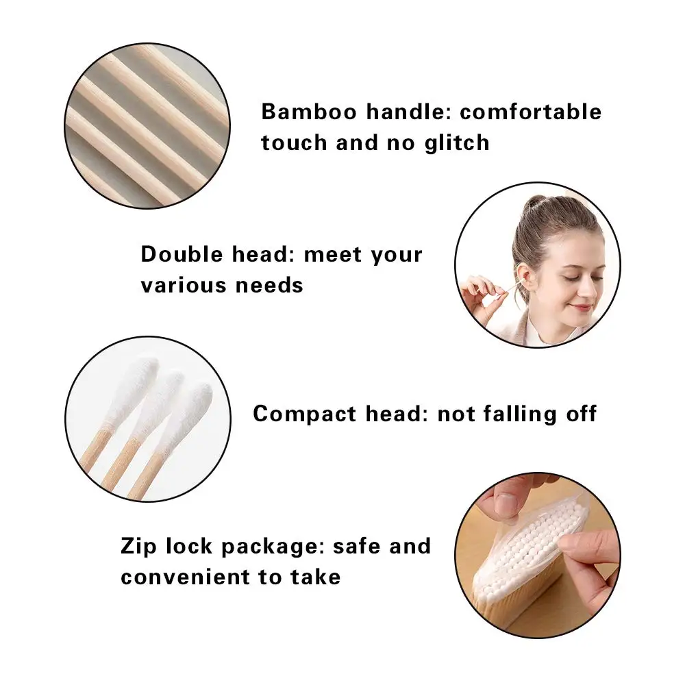 Baby Cotton swabs Hygienic Cleaning Cotton Bar 5 Packs of Natural High Quality Cotton Double-headed Wood