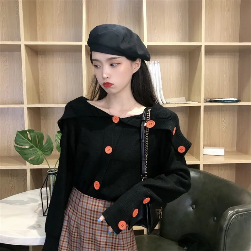 OCEANLOVE Button Turn-down Collar Cardigan Fashion Single Breasted Solid Women Sweaters Fashion Autumn Winter Clothes 13176