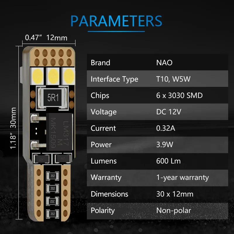 NAO W5W T10 светодиодный 3,9 Вт Авто Лампы CANBUS супер яркий 6SMD 3030 аксессуар для автомобиля боковой Подсветка салона дневные ходовые огни 12V белый 194 двери лампы
