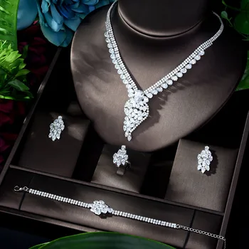 

HIBRIDE Elegent Cubic Zircon 4pcs Necklace Jewelry Set Geometric Design Wedding Bridal Set for Lady Party Dress N-1155