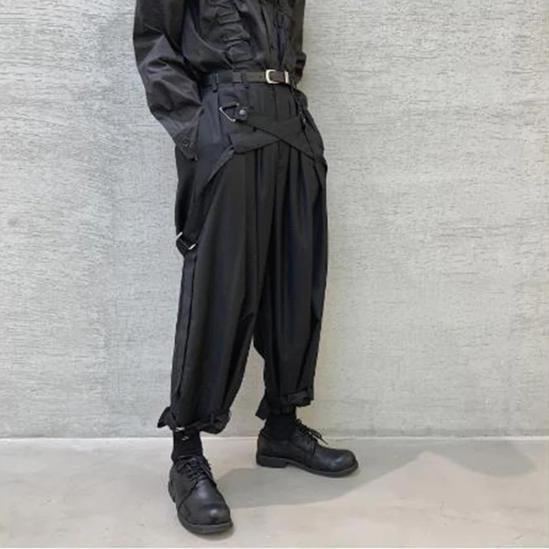 Men Japan Streetwear Punk Gothic Bandage Casual Harem Pant Male Vintage Hip Hop Wide Leg Trousers Stage Clothing Kimono Pant