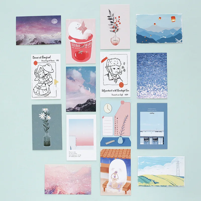 27/28pcs Cartoon Business Cards Birthday Hand Drawn Postcard MINI Message Card Flowers Envelope Postcards Student Stationary