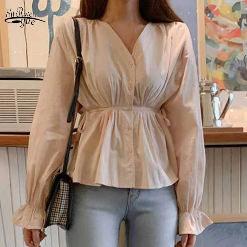 

Long Sleeve Solid Vintage Thin Women Blouses V-neck French Waist Tie Chiffon Shirt Cardigan Slim Fit Button Shirts Blusas 11697