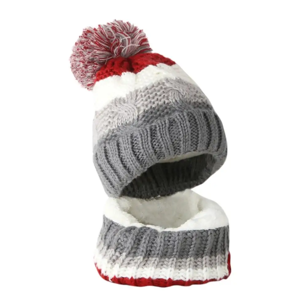 Вязаная крючком зимняя Лыжная шапочка для маленьких мальчиков и девочек, набор из шапки и шарфа, костюм, Детская осенняя хлопковая шапка с помпоном - Цвет: Серый