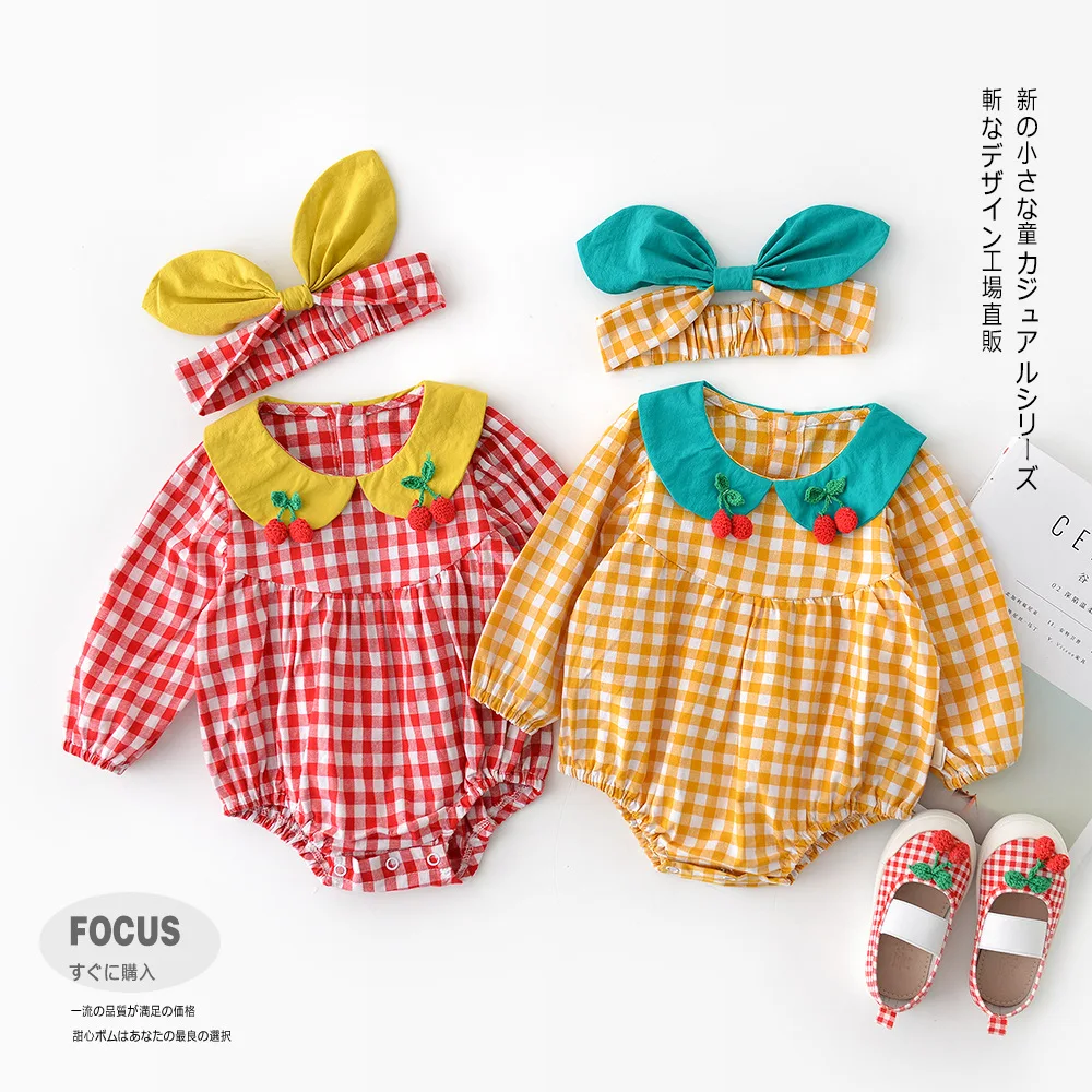 Autumn Infants Little Children Climbing Clothes Newborn Baby Plaid Doll Collar Cherry Cotton Jumpsuit with Bow Knot Headband Top