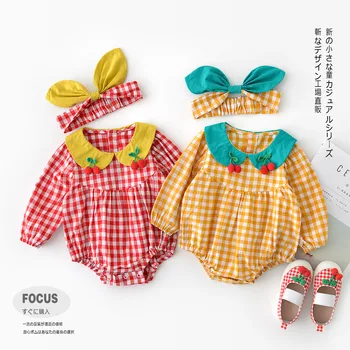 

Autumn Infants Little Children Climbing Clothes Newborn Baby Plaid Doll Collar Cherry Cotton Jumpsuit with Bow Knot Headband Top