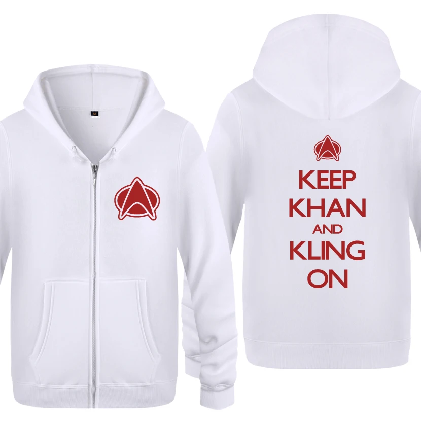Keep Khan And Kling On, новинка, забавные толстовки для мужчин, мужские флисовые толстовки на молнии с капюшоном, кардиганы