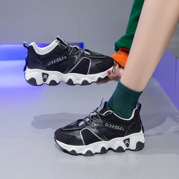 

Women Sneakers Reflective Breathable Mesh Shoes Woman Black Shoes Thick Sole Sneakers Platform White Chunky Sneakers E16-39