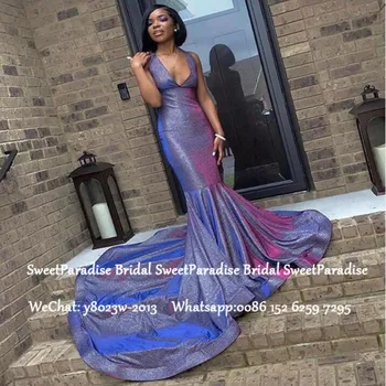 

Sequined Mermaid Long Chapel Train Prom Dresses 2020 African Women Plunging Neck Halter Formal Evening Dress Vestido De Festa