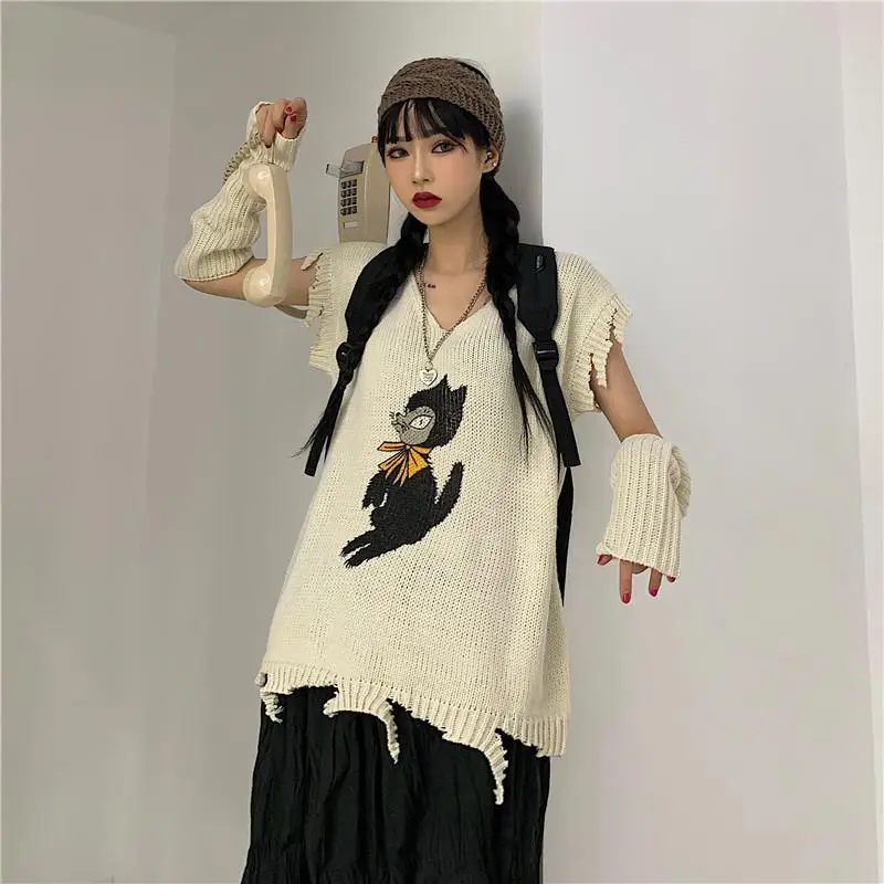 Broken Cool Pullover Sleeveless Sweater 2020 Woman Split V Neck Loose Punk Knit Top Cartoon Cat Autumn Jumper + Knit Arm Warmer Broken Cool Pullover Sleeveless Sweater 2020 Woman Split V Neck Loose Punk Knit Top Cartoon Cat Autumn Jumper + Knit Arm Warmer