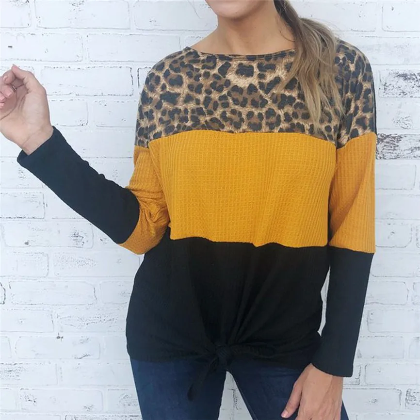 

Patchwork Leopard Print Bandage Sweater Tops Fashion Women Loose Long Sleeve Clothes Manteau Femme Hiver 2019