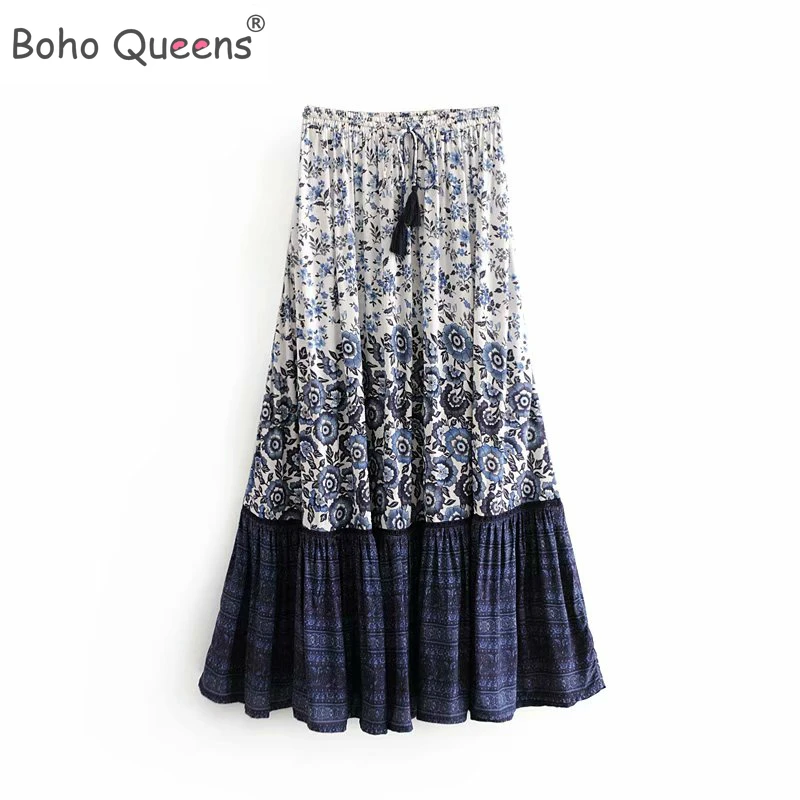 Boho королев Мода хиппи женские цветочный принт кисточкой пляжная Богемская юбка с