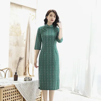 

Sheng Coco women green Cotton Cheongsam Knee-long Qipao geometric pattern Chinese Dress half Sleeve China Women Clothing Dress