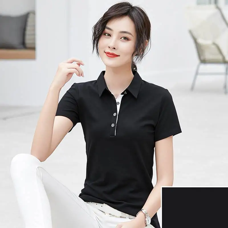 

Good Quality 2023 Summer Womens Polo Shirts Casual Cotton Solid Color Lapel Ladies Tees Fashion T-Shirts Fit Slim Female Tops