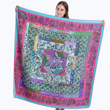 

Twill lady fashion silk scarf 130cm big square towel Prunas flower sea printed shawl scarf