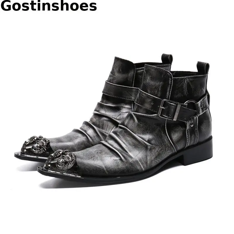

Boutique Men Leather Short Boots Buckle Strap Pointed Metal Captoe Men Dress Boots Black Side Zip Ankle Boots Men