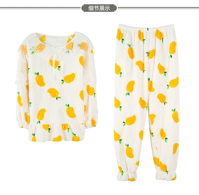 Kawaii Pjs с принтом манго, новые фланелевые зимние домашние костюмы, рукава-фонарики, для девочек, с галстуком-бабочкой, с кружевным воротником, украшенный пижамный комплект для женщин