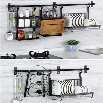 

Kitchen Organizer Stainless Steel Bowl Plate Knife Storage Black Nail-free Dish Drying Rack Wall Hanging Holder Kitchen Storage