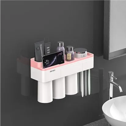3 Cups-Pink Держатель для зубных щеток аксессуары для ванной комнаты органайзер для хранения зубной пасты стекло для зубной щетки es полка Магнитная Адсорбция с чашкой - Цвет: 3 Cups-Pink