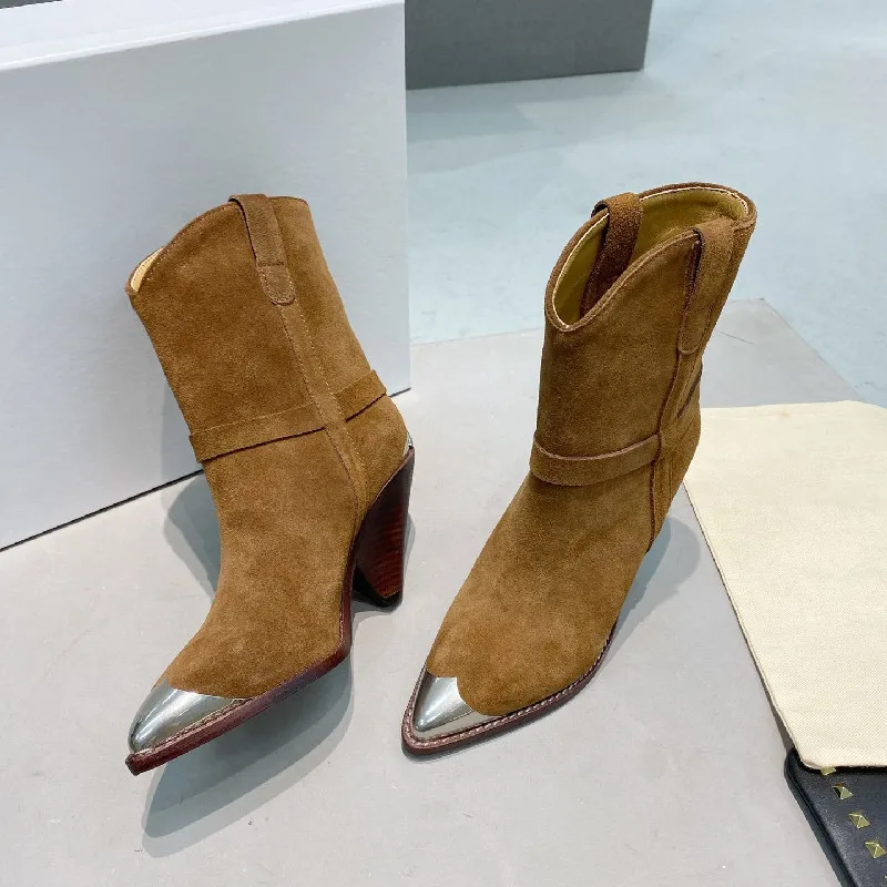 

Western Fashion Decor Spike heels Woman boots Genuine Leather Pointed toe Female Botas plush Patent Leather Cowboy Boots
