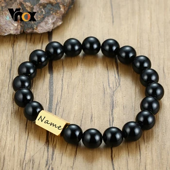 

Vnox Men's Black Stone Beads Chain Bracelets Custom Personalize Engrave Stainless Steel ID Tag Male Jewelry