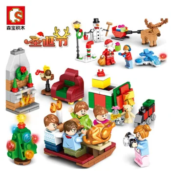 

382Pcs Christmas Party Scene Tree Snow Gifts Sleigh Animal Model Building Blocks Kits Bricks DIY Toys For Children