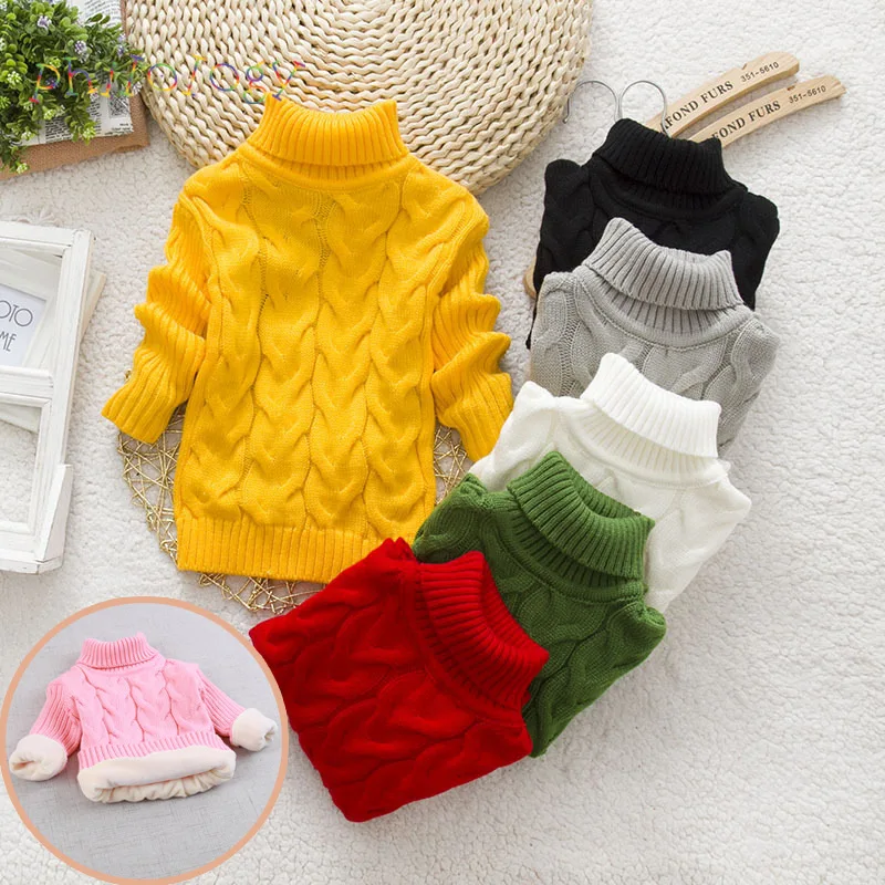 Детский свитер; зимний теплый свитер с плюшевой подкладкой; Однотонный вязаный пуловер с высоким воротником для мальчиков и девочек; Рождественский свитер; верхняя одежда
