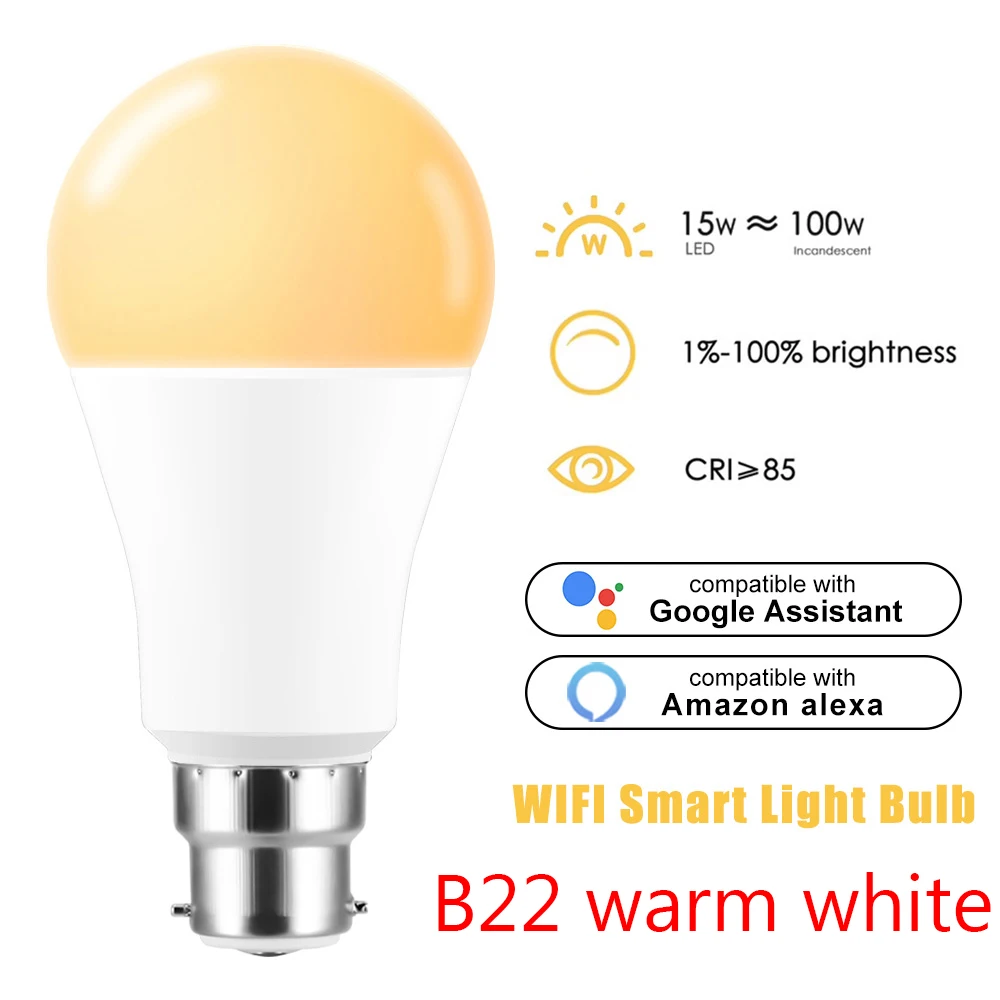 Светодиодный E27/B22/E14 Лампа AC 100-245 в 18 Вт 15 Вт Smart Alexa и Google Home Голосовое управление приложение дистанционная световая витрина с регулируемой яркостью - Испускаемый цвет: B22 Warm White