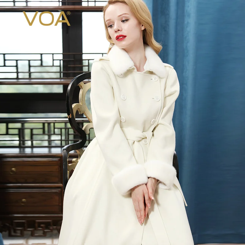 VOA White Cashmere Preferred Holiday Gift Fur Coat Women Double-breasted Sashes Luxury High Quality Warm Female Winter S803 | Женская
