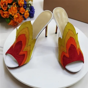 

Mixed Color Suede High Heel Summer Shoes Woman Sexy Stiletto Heel Peep Toe PVC Transparent Fire-pattern Slippers Women