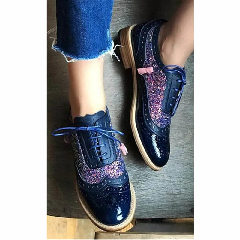 British Women Pu Leather Mixed Colors Perforated Lace Up Oxfords Brogues Wingtips Saddle Shoes For Work Ladies New Flats