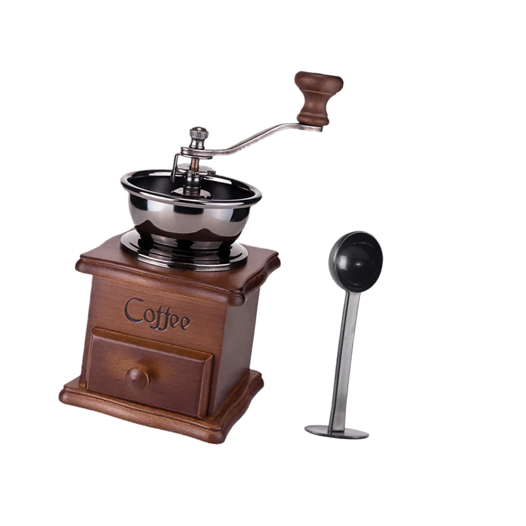 Antique Coffee Grinder Mill Manual Hand Made Wooden Bean Grinder And Spoon