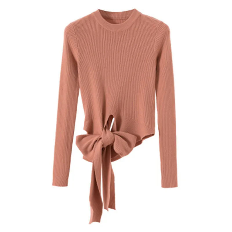 

2019 Women Autumn Winter Sweater Loose Round Neck Pullover Lace Up Bow Sweater Long Sleeve Solid Knitted Bottoming Pullover