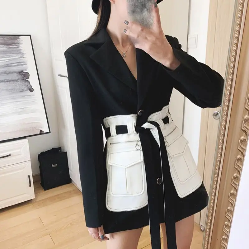 Elegant Women Blazer Coat Notched Patchwork Long Sleeve Suit Jacket Belt Female Fashion Slim Blazer Jacket Ol Style Blazer