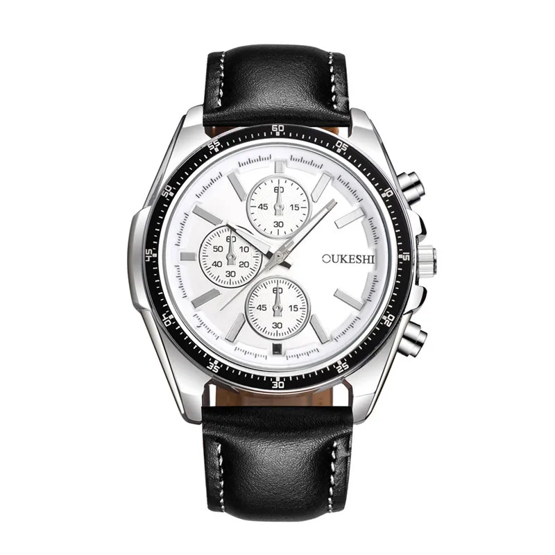 Black belt white High-end Men's Watch British Style Leather Strap Quartz Large Dial Business Retro Simple Male wrist watches jam tangan pria - Цвет: Black belt white