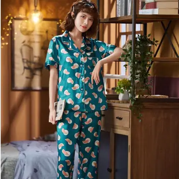 

Satin Women Short-sleeved Pants Pajamas Ice Silk Two-piece Breathable Lapel Outwear Sleepwear