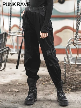 

PUNKRAVE Women's Overalls Women Loose Bf Autumn Retro Patch Pocket Harajuku Style Two Wear Wide Leg Pants