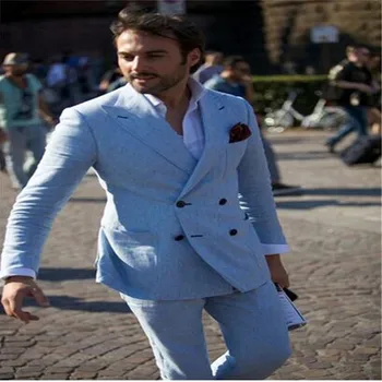 

New Men’s Suit Smolking Noivo Terno Slim Fit Easculino Evening Suits For Men Tuxedos Summer light Blue Beach Blazers Groom