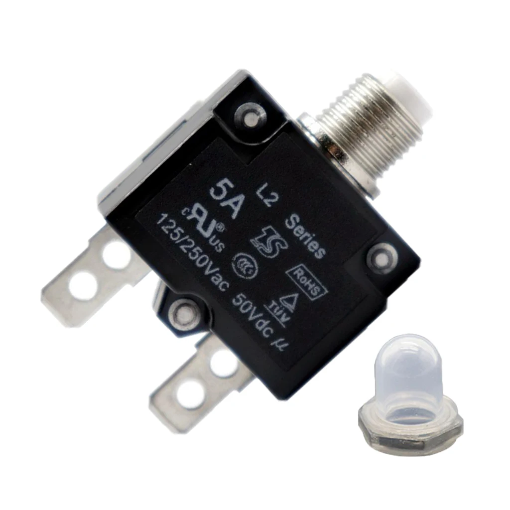 5 Amp Push Button Circuit Breaker 50V DC or 250V AC, Mounts in 3/8 inch (10 mm) Round Hole, Transparent Button Cap