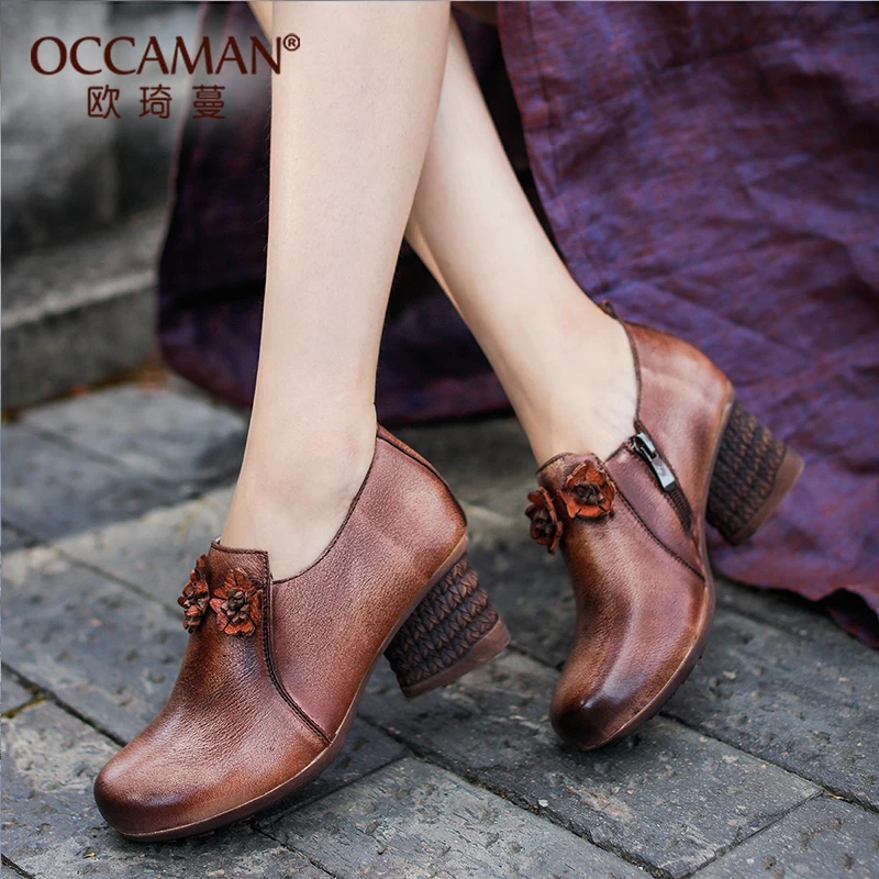 

2019 Spring New Thick Medium Heel Elegant Single Shoes Pointed Toe Mujer Head Wild Women's Leather Retro Decoration Pumps 13200